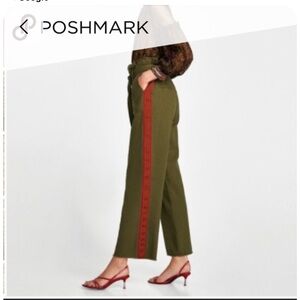 Olive Green Wide-Leg Pants with Red Side Stripe